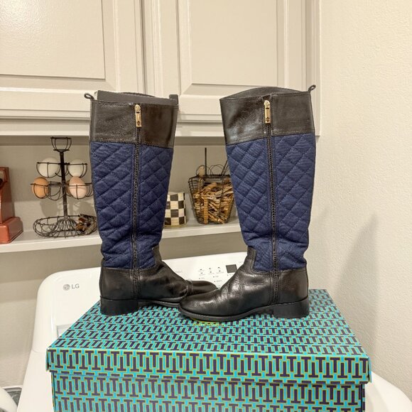 Tory Burch Black Leather & Blue Quilted Roslie Tall Riding Boots with Gold Logo - Picture 3 of 17